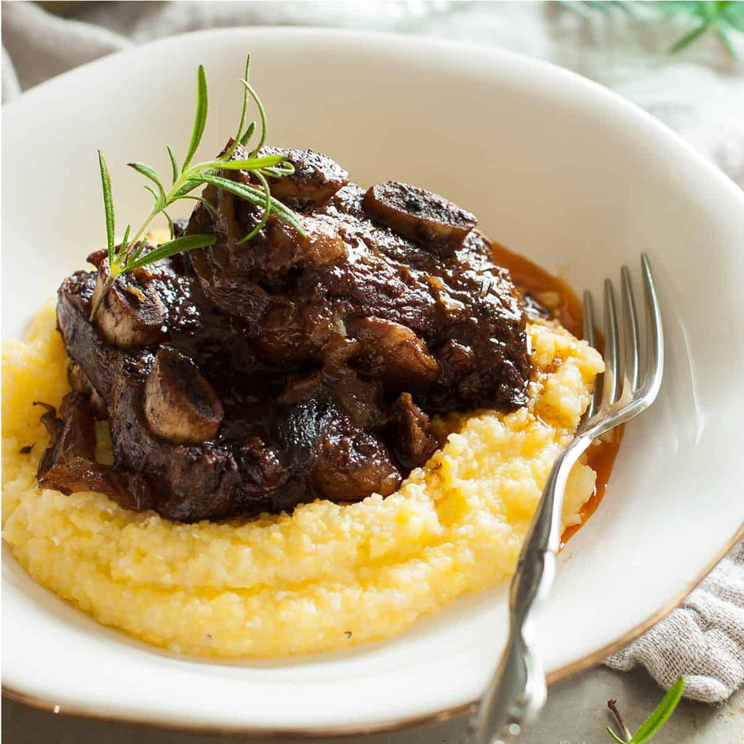 Braised Beef Short Ribs with Cheesy Polenta and Caponata