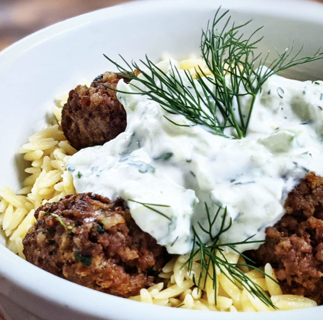 Lamb Meatballs with Tzatziki and Orzo